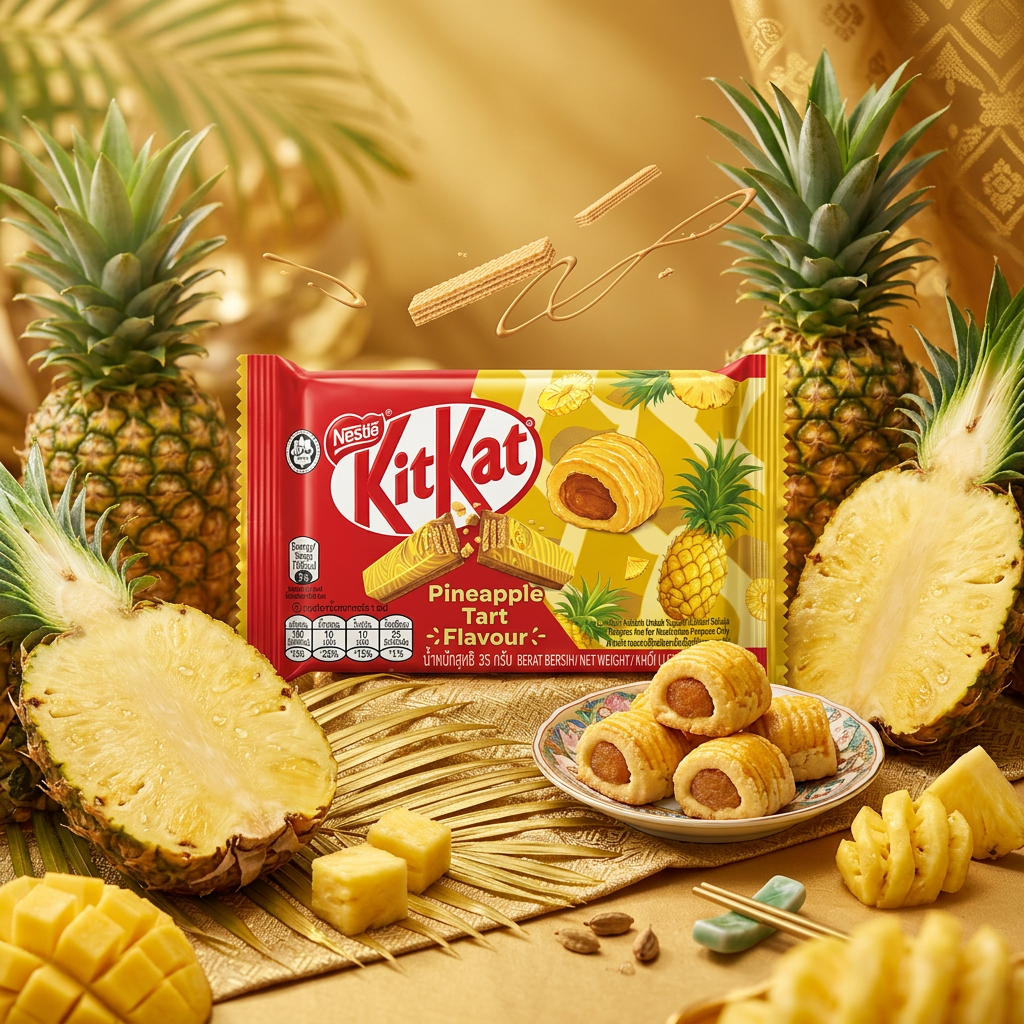 KitKat Pineapple Tart edition import Malaisie, barre chocolatée wafer saveur tarte à l'ananas inspirée des pâtisseries asiatiques, enrobage chocolat au lait fondant et couches croustillantes, édition spéciale Nestlé Asie disponible sur Planet Foods.